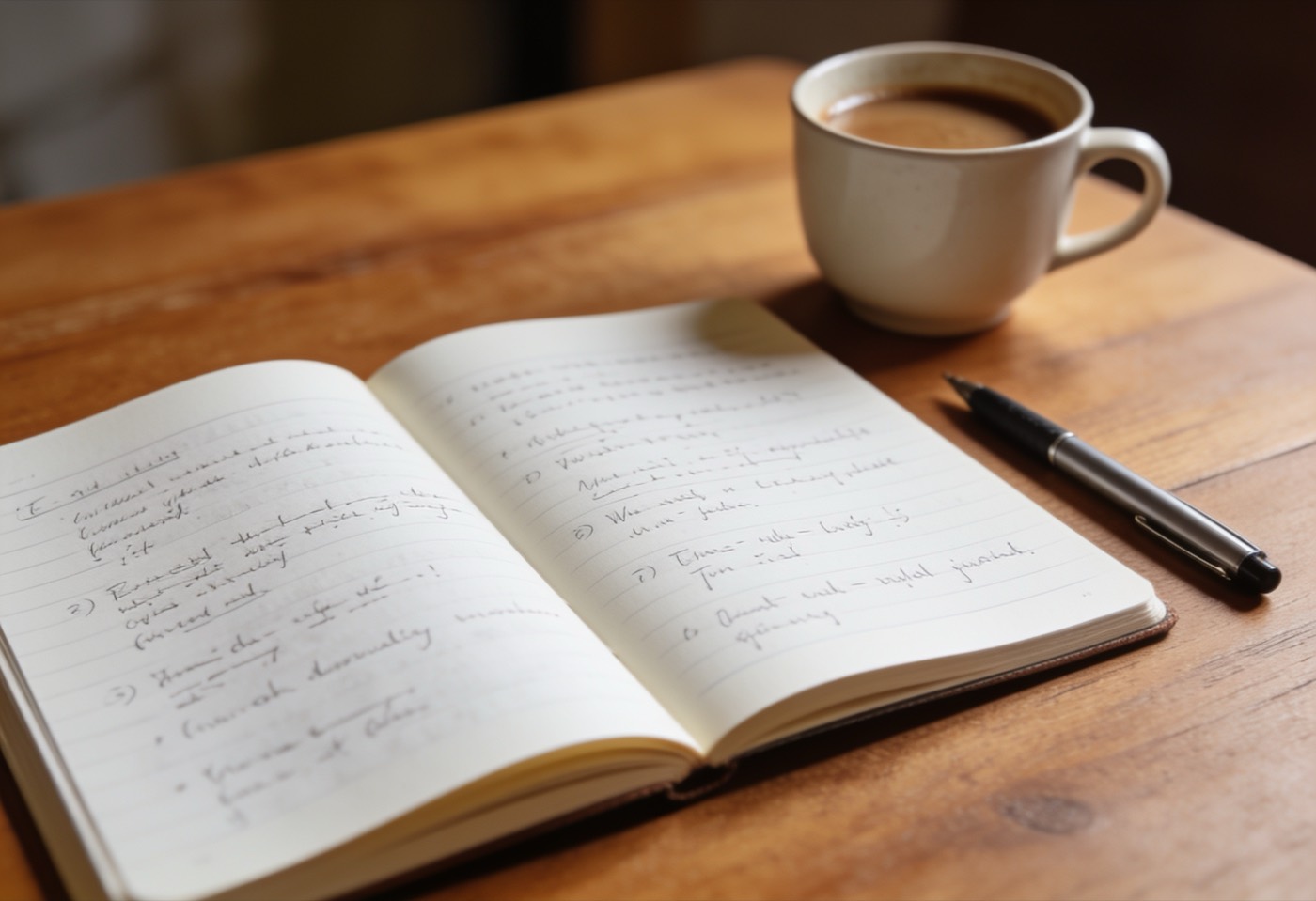 Offenes Arbeitsbuch mit handschriftlichen Notizen, Stift und Kaffee.