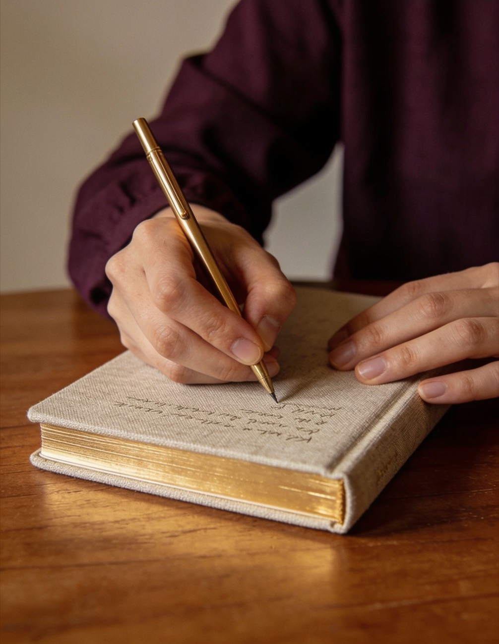 Hand schreibt mit goldenem Stift in ein Notizbuch.
