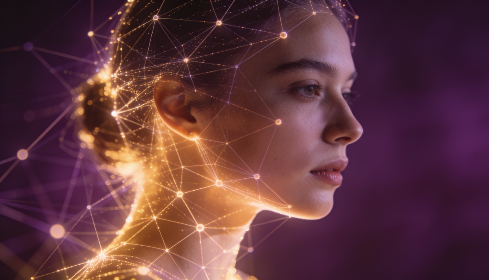 Profil eines Menschen, über das sich ein leuchtendes, goldenes Netz aus Datenpunkten legt.