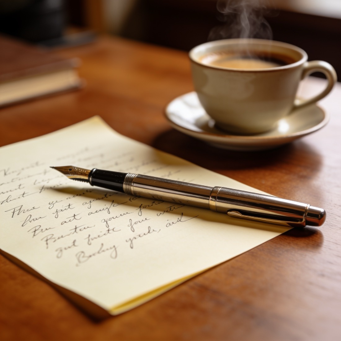 Füllfederhalter, handschriftliche Notizen und Kaffee auf einem Holztisch.